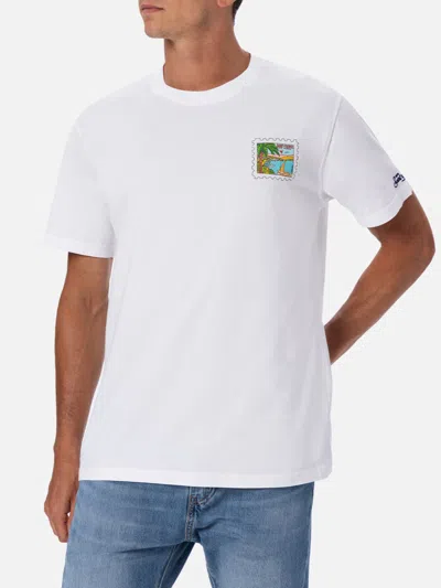 Mc2 Saint Barth Man Cotton T-shirt With St. Tropez Postcard Front And Back Print Alessandro Enriquez Special Edition In White
