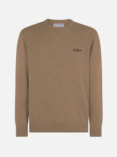 MC2 SAINT BARTH MAN CREWNECK CAMEL LAMBSWOOL SWEATER WITH ST. BARTH EMBROIDERY