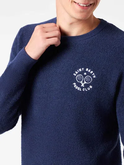 Mc2 Saint Barth Man Crewneck Bluette Bouclé Sweater With Saint Barth Padel Club Embroidery