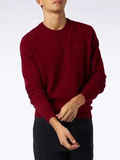 Mc2 Saint Barth Man Crewneck Burgundy Sweater With St. Barth Embroidery In Red