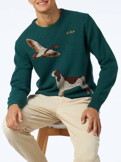 Mc2 Saint Barth Man Crewneck Donegal Sweater With Country Dog Jacquard Print In Green