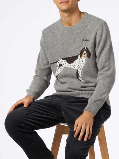 Mc2 Saint Barth Man Crewneck Donegal Sweater With Country Dog Jacquard Print In Grey