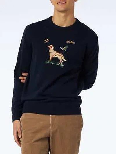 Pre-owned Mc2 Saint Barth Man Crewneck Donegal Sweater With English Pointer Jacquard Print In Blue