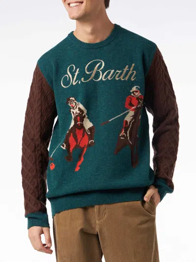 Mc2 Saint Barth Man Crewneck Donegal Sweater With Polo Jacquard Print In Green