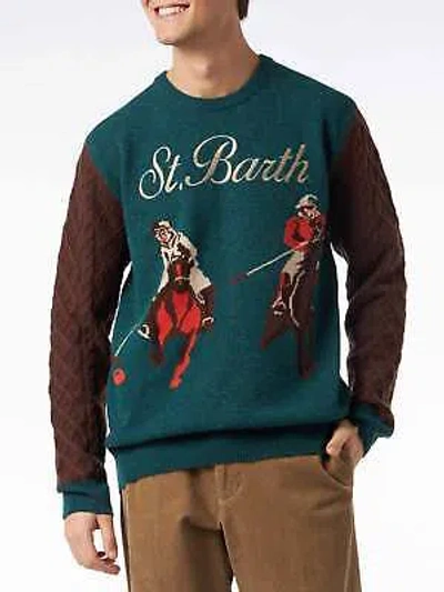 Pre-owned Mc2 Saint Barth Man Crewneck Donegal Sweater With Polo Jacquard Print In Green