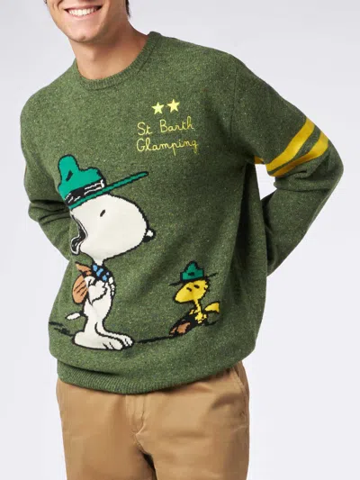 Mc2 Saint Barth Man Crewneck Donegal Sweater With Snoopy Jacquard Snoopy - ©peanuts Special Edition In Green