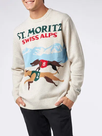 Mc2 Saint Barth Man Crewneck Donegal Sweater With St. Moritz Polo Print In White
