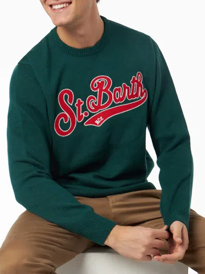 Mc2 Saint Barth Man Crewneck Green Sweater With St. Barth Embroidery