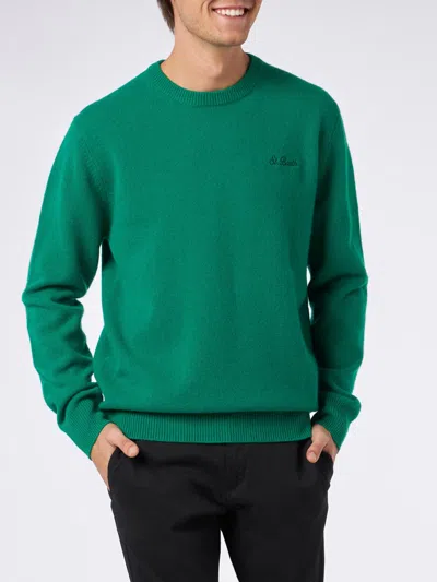Mc2 Saint Barth Man Crewneck Green Sweater With St. Barth Embroidery