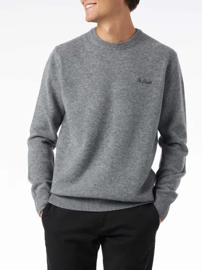 Mc2 Saint Barth Man Crewneck Grey Sweater With St. Barth Embroidery