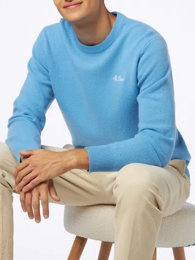 Mc2 Saint Barth Man Crewneck Light Blue Sweater With St. Barth Embroidery In Sky