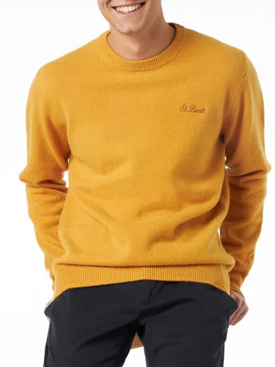 Mc2 Saint Barth Man Crewneck Ochre Yellow Sweater With St. Barth Embroidery