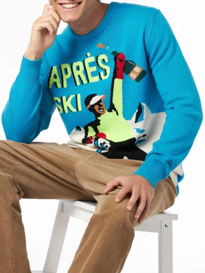 Mc2 Saint Barth Man Crewneck Sweater With Après Ski Postacard Jacquard Print In Sky
