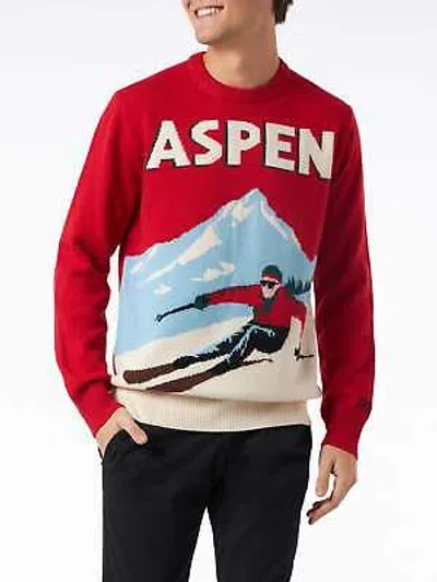 Pre-owned Mc2 Saint Barth Man Crewneck Sweater With Aspen Postcard Jacquard Print In Red