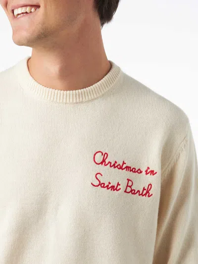 Mc2 Saint Barth Man Crewneck Sweater With Christmas In Saint Barth Embroidery In White