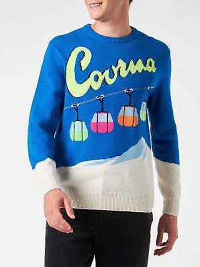 Pre-owned Mc2 Saint Barth Man Crewneck Sweater With Courma Cable Postacard Jacquard Print In Blue