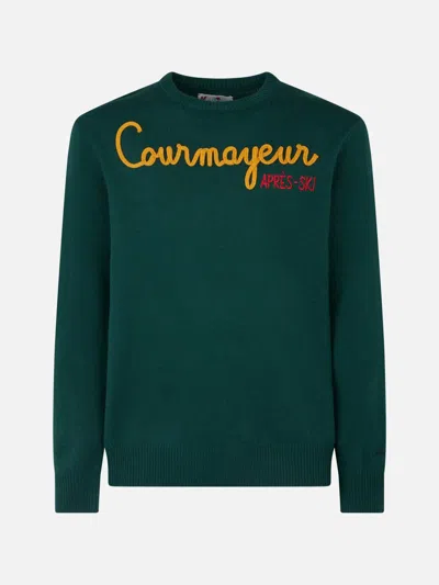 Mc2 Saint Barth Man Crewneck Sweater With Courmayeur Après Ski Embroidery In Green