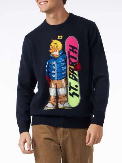 Mc2 Saint Barth Man Crewneck Sweater With Crypto Ducky Jacquard Crypto Puppets Special Edition In Blue