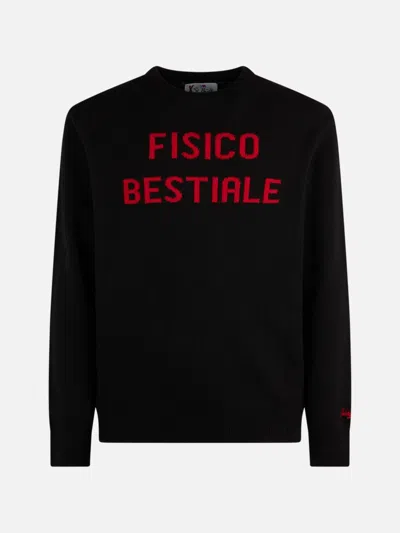Mc2 Saint Barth Man Crewneck Sweater With Fisico Bestiale Jacquard Print Niki Dj Special Edition In Black