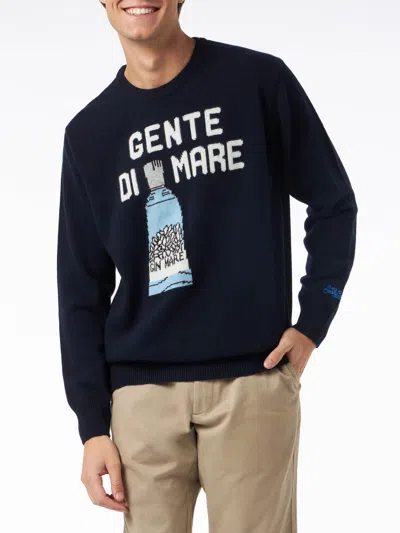 Mc2 Saint Barth Man Crewneck Sweater With Gente Di Mare Jacquard Print Gin Mare Special Edition In Blue