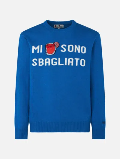 Mc2 Saint Barth Man Crewneck Sweater With Mi Sono Sbagliato Jacquard In Blue