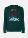 Mc2 Saint Barth Man Crewneck Sweater With Save Water Drink Gin Tonic Embroidery In Green