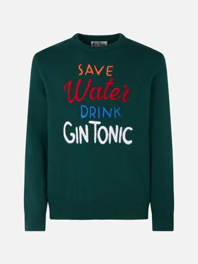 Mc2 Saint Barth Man Crewneck Sweater With Save Water Drink Gin Tonic Embroidery In Green