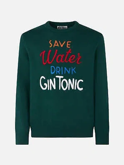 Pre-owned Mc2 Saint Barth Man Crewneck Sweater With Save Water Drink Gin Tonic Embroidery In Green