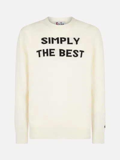 Mc2 Saint Barth Man Crewneck Sweater With Simply The Best Jacquard Print Niki Dj Special Edition In White
