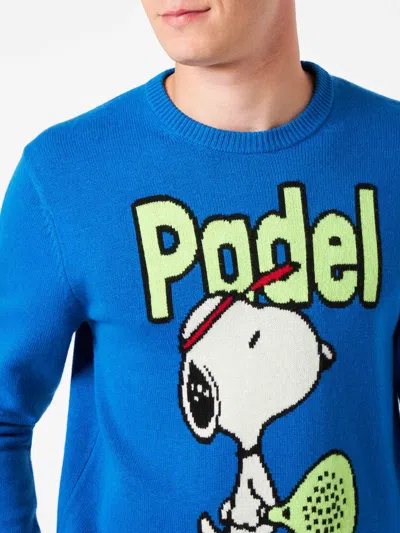 Mc2 Saint Barth Man Crewneck Sweater With Snoopy Padel Jacquard Snoopy - ©peanuts Special Edition In Blue