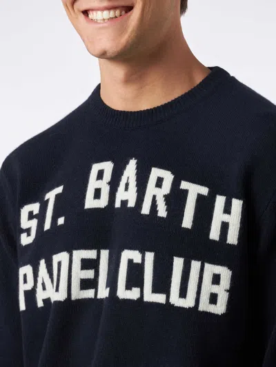 Mc2 Saint Barth Man Crewneck Sweater With St. Barth Padel Club Jacquard Print In Blue