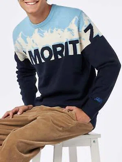 Pre-owned Mc2 Saint Barth Man Crewneck Sweater With St. Moritz Postcard Jacquard Print In Blue