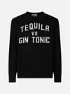 Mc2 Saint Barth Man Crewneck Sweater With Tequila Vs Gin Tonic Jacquard Print In Black