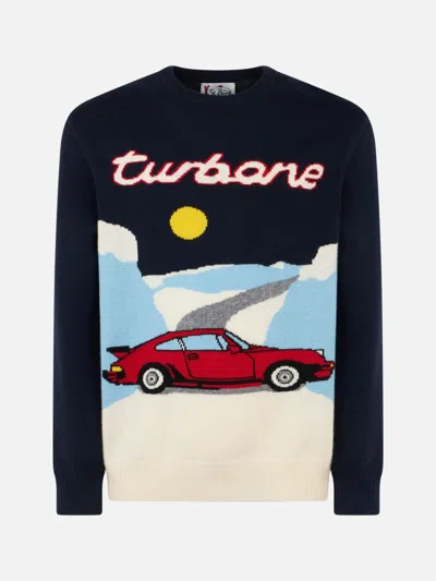 Mc2 Saint Barth Man Crewneck Sweater With Turbone Jacquard Print In Blue