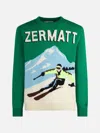Mc2 Saint Barth Man Crewneck Sweater With Zermatt Postcard Jacquard Print In Green