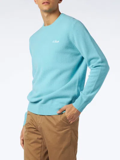 Mc2 Saint Barth Man Crewneck Water Green Sweater With St. Barth Embroidery