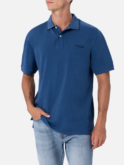 Mc2 Saint Barth Man Denim Blue Cotton Piquet Polo Shirt Beverly Hills