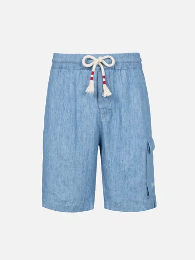 Mc2 Saint Barth Man Denim Blue Linen Bermuda Marseille In Sky
