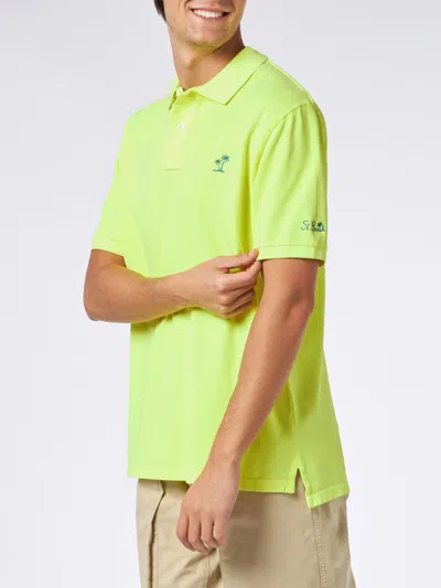 Mc2 Saint Barth Man Fluo Yellow Piquet Polo With St. Barth Logo And Vintage Effect