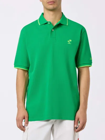 Mc2 Saint Barth Man Green Cotton Piquet Polo Shirt Beverly Hills With Palm Embroidery
