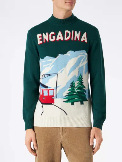 Mc2 Saint Barth Man Green Sweater With Knitted Postcard