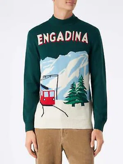 Pre-owned Mc2 Saint Barth Man Green Sweater With Knitted Postcard