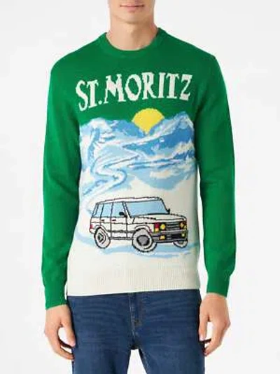 Pre-owned Mc2 Saint Barth Man Green Sweater With St.moritz Postcard Print