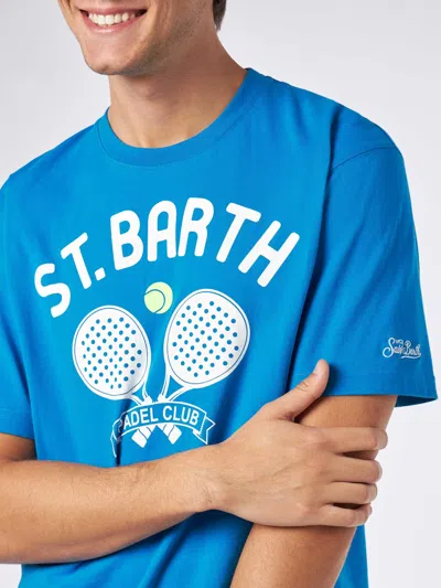 Mc2 Saint Barth Man Heavy Cotton T-shirt With St. Barth Padel Club Print In Blue