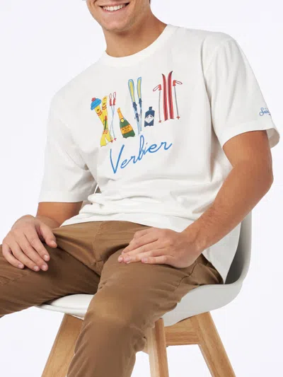 Mc2 Saint Barth Man Heavy Cotton T-shirt With Verbier Front Embroidery In White