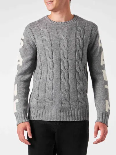 Mc2 Saint Barth Man Heavyweight Creweneck Braided Grey Sweater