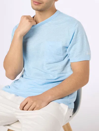 Mc2 Saint Barth Man Light Blue Linen Jersey T-shirt Ecstasea With Pocket In Sky