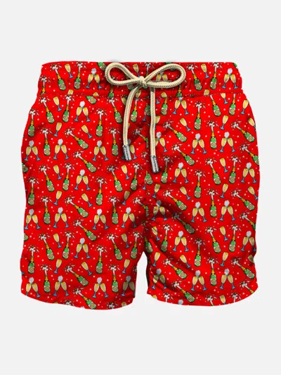 Mc2 Saint Barth Man Light Fabric Swim Shorts With Bottles And Glasses Print In Red