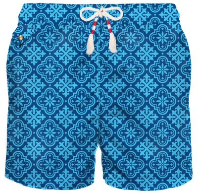 Mc2 Saint Barth Man Light Fabric Swim Shorts With Geometric Print In Blue