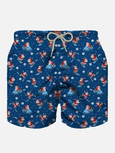 Mc2 Saint Barth Man Light Fabric Swim Shorts With Happy Santa Claus Print In Blue